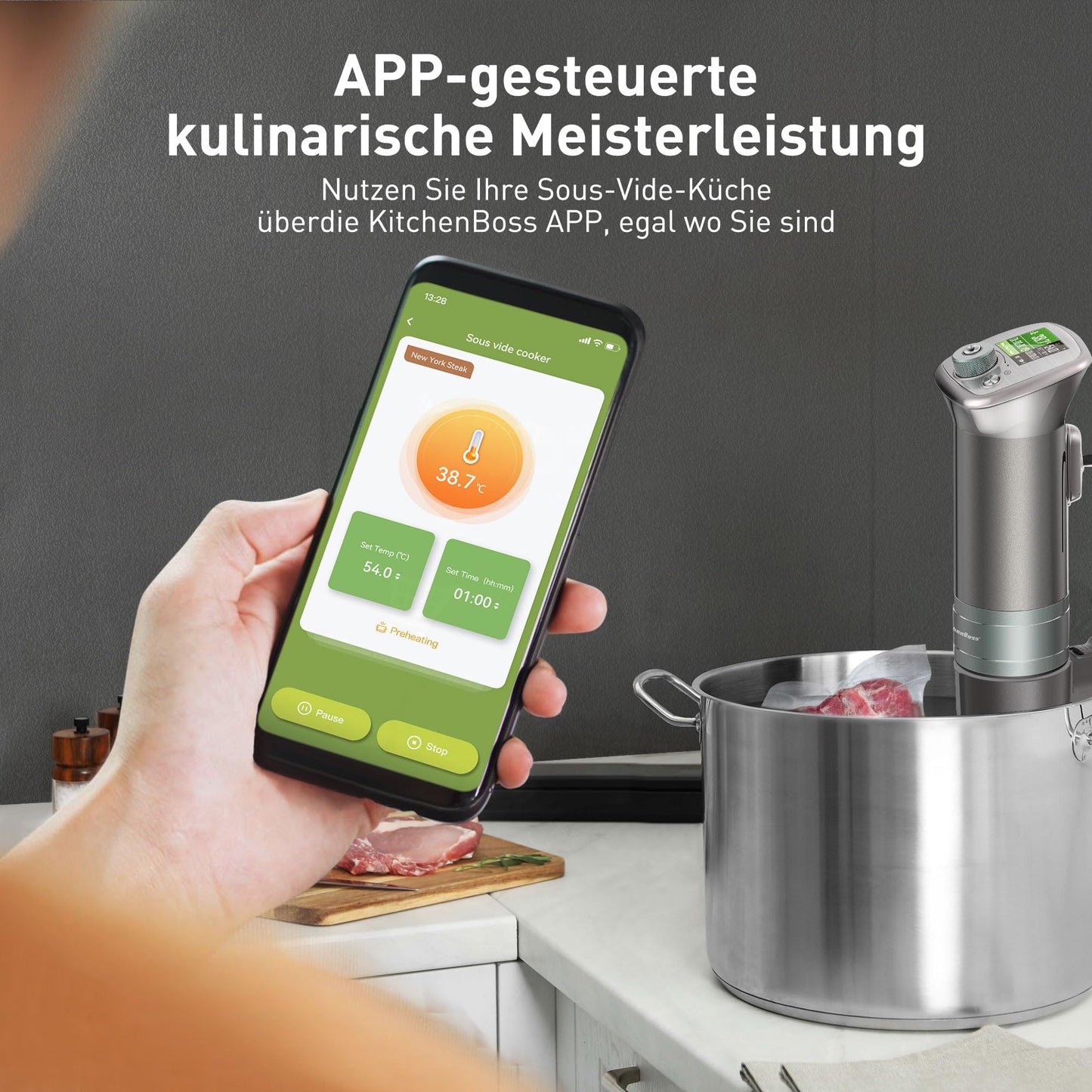 KitchenBoss Sous Vide Stick WiFi：Sous Vide Garer App-Steuerung Sous Vide Stab WLAN Präzisionskocher TFT Touch Display 1100W Zirkulation 40℃-90℃ Ultra-leise IPX7 Wasserdicht