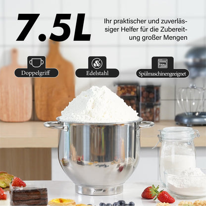 Kitchen in the box Küchenmaschine, 7,5 L Knetmaschine 1400 W, 6 Geschwindigkeits Teigmaschine mit Rührhaken, Knethaken, Schneebesen, Schwarz