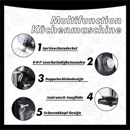 Kitchen in the box Küchenmaschine, 7,5 L Knetmaschine 1400 W, 6 Geschwindigkeits Teigmaschine mit Rührhaken, Knethaken, Schneebesen, Schwarz